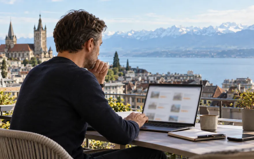 22bet erfahrungen in der Schweiz: erwachsene Person prüft Kontoinformationen in einer Schweizer Alltagsszene