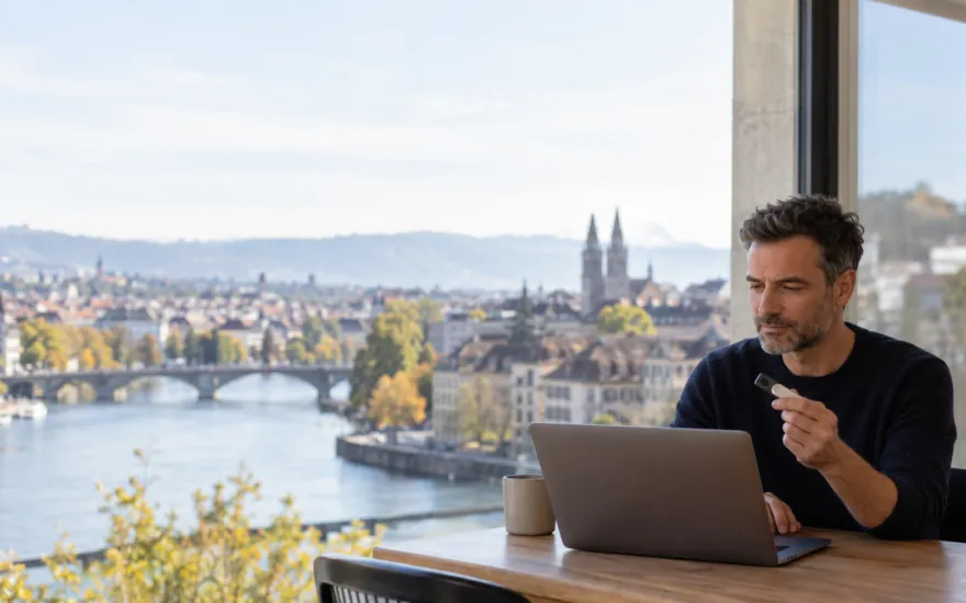 krypto casino schweiz in der Schweiz: erwachsene Person prüft Kontoinformationen in einer Schweizer Alltagsszene