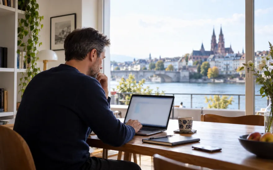 22bet login in der Schweiz: erwachsene Person prüft Kontoinformationen in einer Schweizer Alltagsszene