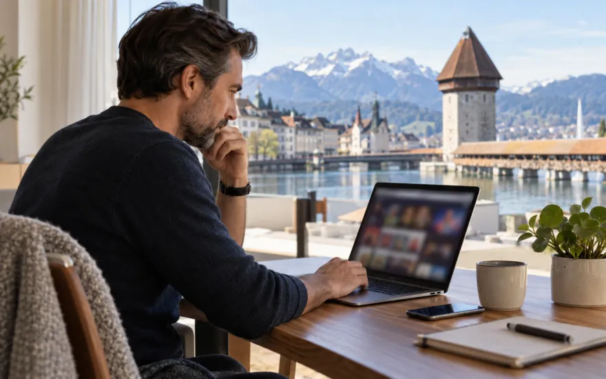 neue online casinos schweiz in der Schweiz: erwachsene Person prüft Kontoinformationen in einer Schweizer Alltagsszene
