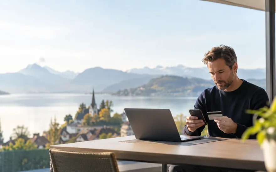 paypal casino in der Schweiz: erwachsene Person prüft Kontoinformationen in einer Schweizer Alltagsszene