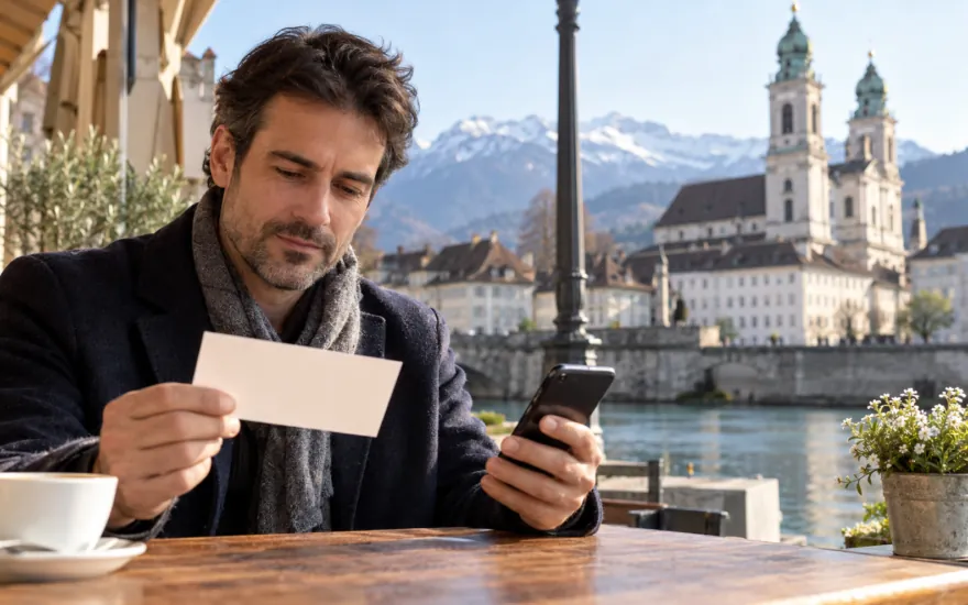 22bet promo code in der Schweiz: erwachsene Person prüft Kontoinformationen in einer Schweizer Alltagsszene