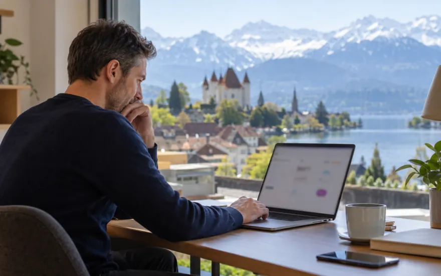 online casino zahlungsmethoden schweiz in der Schweiz: erwachsene Person prüft Kontoinformationen in einer Schweizer Alltagsszene